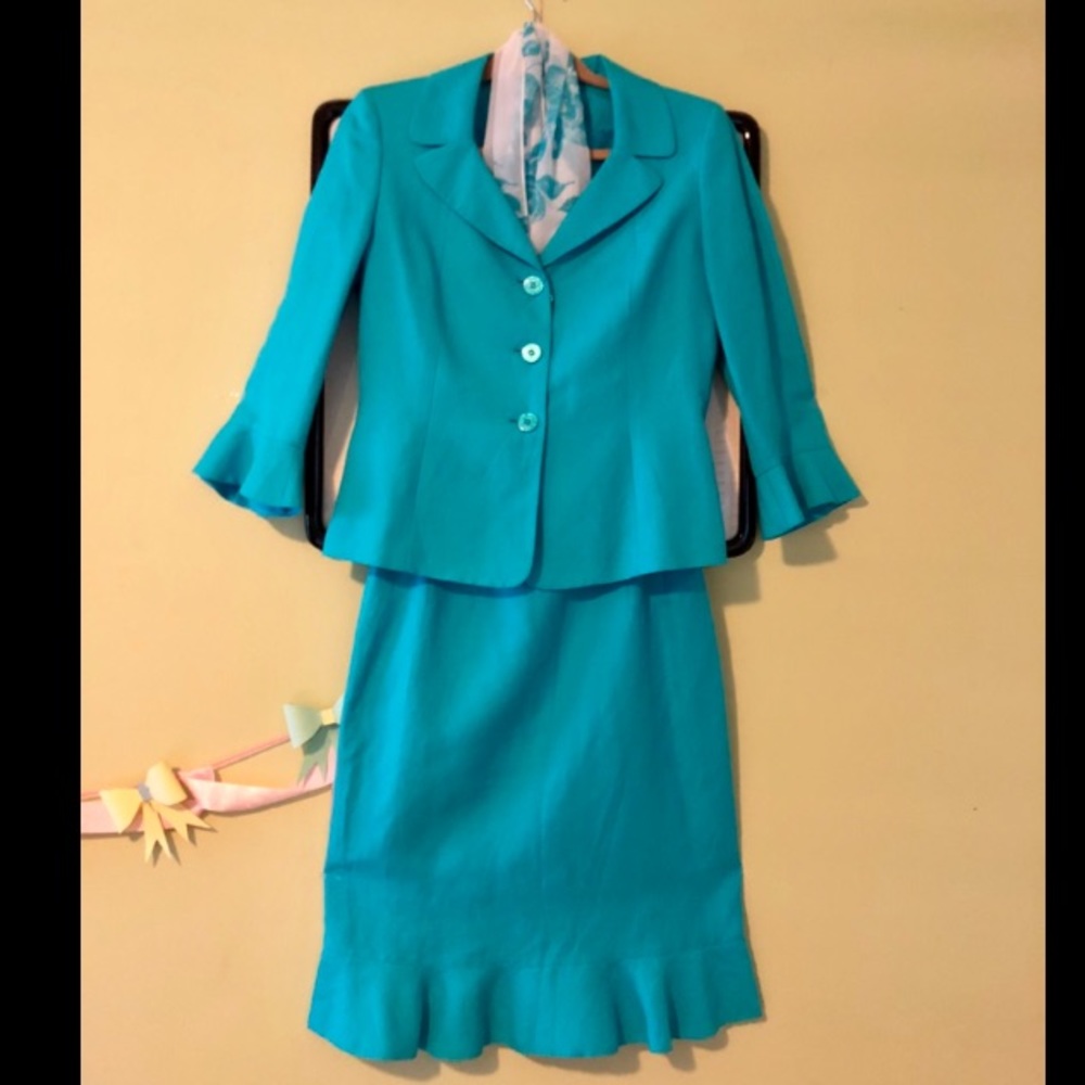 Turquoise Skirt suit with matching scarf